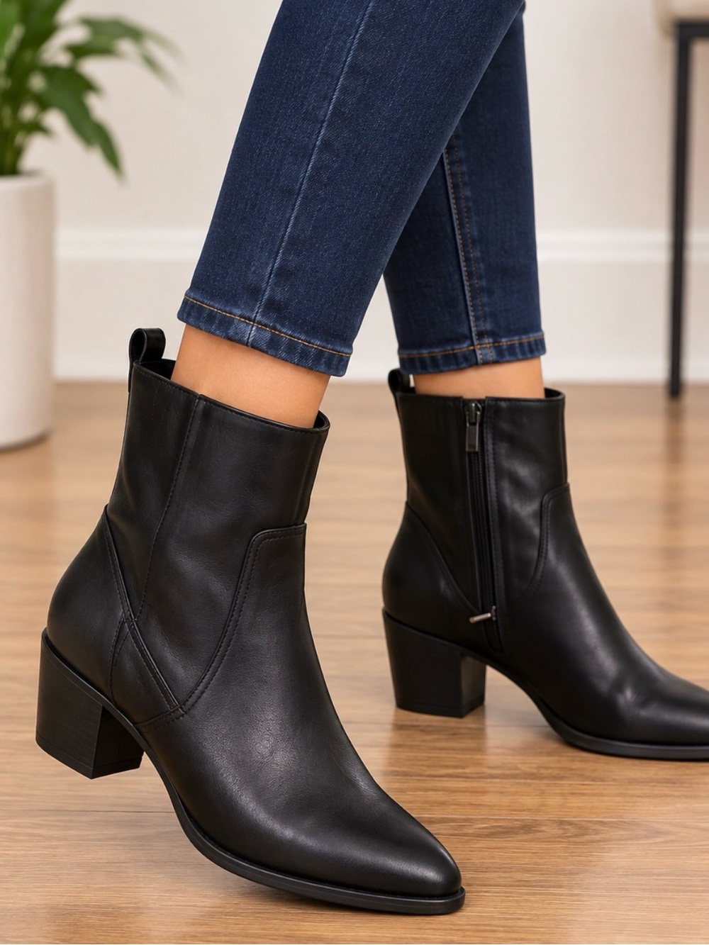 Never Worn Crown Vintage Black Leather Ankle Boots with Block Heel